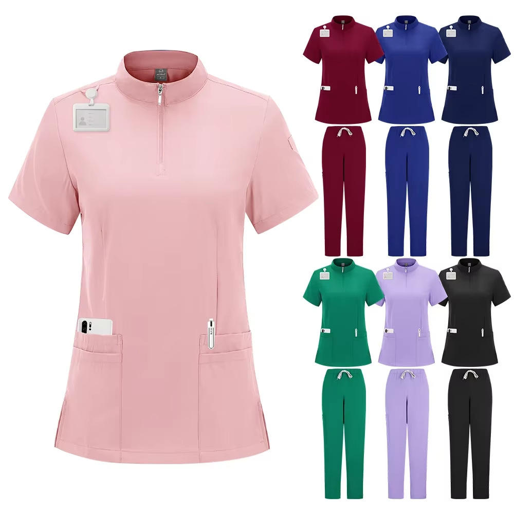 Custom Spandex Scrub Tops with Zipper – Stylish Salon Uniforms (6) Custom spandex scrub tops with zipper